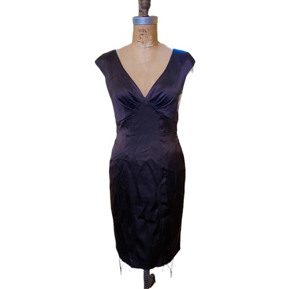 David Meister Satin Sheath Dress Dark Brown V Neck Size 6